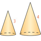 Two cones have slant heights measuring 3 and 4, respectively.