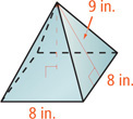 A pyramid has slant height 9 inches and square base with sides 8 inches.
