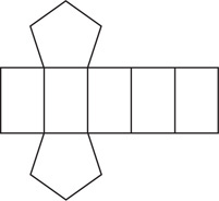 A net has a row of five vertical rectangles with sides of a pentagon spanning the top and bottom sides of the second rectangle from the left.