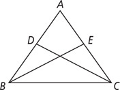 Triangle ABC has a segment from B to E on side AC and a segment from C to D on side AB.
