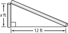 A broken wooden pole has bottom section, measuring x feet, forming a leg of a right triangle and top part forming the hypotenuse, with bottom base 12 feet.