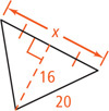 A triangle with a side measuring 20 and side measuring x has altitude line measuring 16 bisecting the side measuring x.