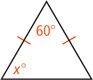 An isosceles triangle has top angle between congruent sides measuring 60 and a bottom angle measuring x.
