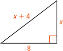 A right triangle has legs measuring x and 8 and hypotenuse measuring x + 4.