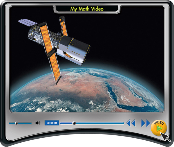 A My Math Video screen displays a satellite in space orbiting Earth.