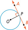 Line AB is tangent to a circle at point P, perpendicular to radius OP.