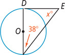 A triangle has a leg as diameter of a circle from D at the top to a 38 degree angle at the bottom. Leg DE is tangent, with angle E measuring x degrees.
