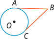 A circle centered at O has rays extending from vertex B touching the circle at A and C, respectively.