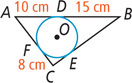 A circle centered at O is inside triangle ABC, touching side AB at D with segment AD 10 centimeters and segment BD 15 centimeters; touching side AC at F with segment CF 8 centimeters; and touches side BC at E.