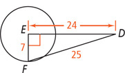 Right triangle DEF has right angle E at the center of a circle, with leg EF measuring 7 as the radius, leg ED measuring 24, and hypotenuse DF measuring 25.