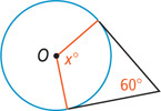 A circle with center O has radius lines x degrees apart. Rays of a 60 degree angle meet each radius line on the circle.