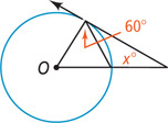 A triangle has a vertex at center O of a circle, with one side tangent to the circle, and outside angle x degrees. A line from the point of tangency to the intersection of the other side and the circle forms a 60 degree angle at the point of tangency.