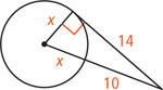 A right triangle has a vertex at the center of a circle, with right angle at the point of tangency. One leg measures x, the radius of the circle, the tangent leg measures 14, and the hypotenuse has segment x inside the circle and segment 10 outside.
