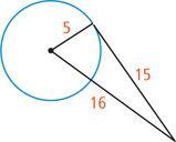 A triangle has a vertex at the center of a circle with a side measuring 5 as the radius of a circle, a side measuring 16 passing through the circle, and a side measuring 15.