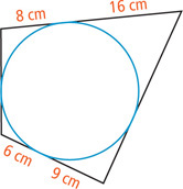 A quadrilateral circumscribes a circle, with top side divided into segments of 8 centimeters and 16 centimeters, from left to right, and bottom side divided into segments of 6 centimeters and 9 centimeters, from left to right.