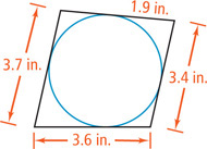 A quadrilateral circumscribes a circle, with left side measuring 3.7 inches, bottom side 3.6 inches, and right side 3.4 inches. The top side is divided into two segments, the one on the right measuring 1.9 inches.