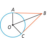 A circle centered at O has radius lines OA and OC, with tangent lines BA and BC, and line OB.