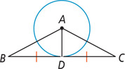 Triangle ABC has vertex A at the center of a circle with radius line AD bisecting side BC.