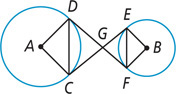 A large circle has center A with radius lines AC and AD connected to form triangle ACD. A small circle has center B with radius lines BE and BF connected to form triangle BEF. Tangents DF and CE intersect at G between the circles.