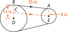 A large circle has center D and radius line BD measuring 14 inches. A small circle has center E and radius line AE measuring 8 inches. A belt has tangent segment BA measuring 35 inches. A segment from C on BD extends to E, parallel to BA.