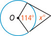 A circle with center O has radius lines 114 degrees apart. An angle measuring x degrees has tangent rays extending to the radius lines.
