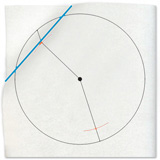A circle has two radius lines, with arcs drawn on each at the same distances from the origin. One corner is folded along a line perpendicular to one of the marks.