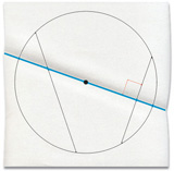 A circle has two chords drawn, and is folded along a diameter line perpendicular to one chord.
