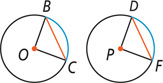 A circle with center O has radius lines OB and OC connected by chord BC with arc BC. A circle with center P has radius lines PD and PF connected by chord DF with arc DF.