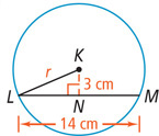 A circle with center K has radius line KL measuring r and chord LM measuring 14 centimeters. A segment measuring 3 centimeters extends from K and meets chord LM at a right angle at N.
