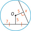 A circle has two segments measuring 5 extending from center O, one perpendicular to a chord measuring x, and one bisecting another chord into segments measuring 7.