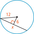 A circle has a radius line measuring 12 meeting the end of a chord measuring x. A segment measuring 6 extends from the center perpendicular to the chord.