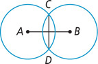 Two circles with centers A and B, respectively, overlap on chords CD, intersecting segment AB.