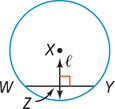 A circle with center X has line l inside perpendicular to chord WY at Z.