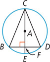 A circle with center A has three chords forming triangle BCD. Diameter line CE is perpendicular to chord BD at F.