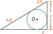 A circle with center O is circumscribed by a triangle with right side measuring x, bottom side with segment to the right measuring 2, and left side with bottom segment measuring 6.8 and top side measuring 3.5.