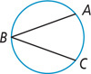 A circle has segments extending from point B on the left side of the circle to points A and C on the right side of the circle.