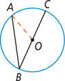 A circle has inscribed angle with side AB to the left of center O and side BC through center O. Radius line OA is drawn.