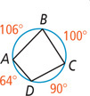 A circle has an inscribed quadrilateral with vertices A, B, C, and D on the circle. Arc AB is 106 degrees, arc BC is 100 degrees, arc CD is 90 degrees, and arc AD is 64 degrees.