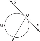 A circle has line SR tangent at Q, with chord PQ. Point M is on the larger arc of the chord.