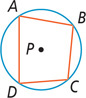 A circle with center P has inscribed angles A, B, C, and D forming quadrilateral ABCD.