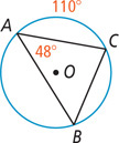 A circle with center O has three inscribed angles forming triangle ABC, with angle A 48 degrees and arc AC 110 degrees.