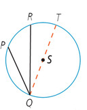 A circle with center S has inscribed angle PQR to the left of diameter line QT.