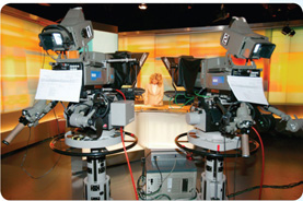 Two cameras are side-by-side aimed to the front, one towards the left and one towards the right.