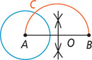 The circle with center A and segment AB with midpoint O has an arc from O drawn from A to B, intersecting the circle at C.