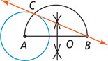 The circle with center A, segment AB with midpoint O, and arc AB has a line through B tangent to the circle at C.