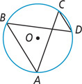 A circle has inscribed angle BAC with sides on either side of center O, and inscribed angle BDC above O.
