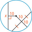 A circle has a segment measuring 10 extending from the center meeting a chord measuring x at a right angle. A radius line bisects another chord, dividing the radius line into two segments measuring 10.