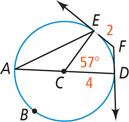 A circle with center C has inscribed angle EAD with side AD as a diameter line, segment CD measuring 4, and arc AD containing point B. Radius line CE forms angle ECD measuring 57 degrees. Angle F has sides tangent to E and D, with segment FE measuring 2.