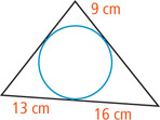 A triangle circumscribes a circle. The bottom side is divided into segments measuring 13 centimeters and 16 centimeters, from left to right. The right side is divided into two segments, the top measuring 9 centimeters.
