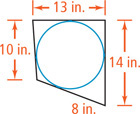 A quadrilateral circumscribes a circle. The quadrilateral has left side measuring 10 inches, top side 13 inches, and right side 14 inches. The bottom side is divided into two segments, the right measuring 8 inches.